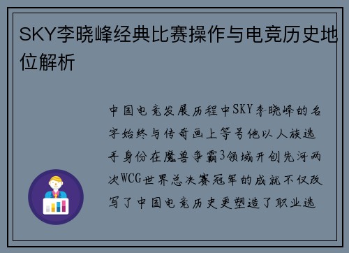 SKY李晓峰经典比赛操作与电竞历史地位解析